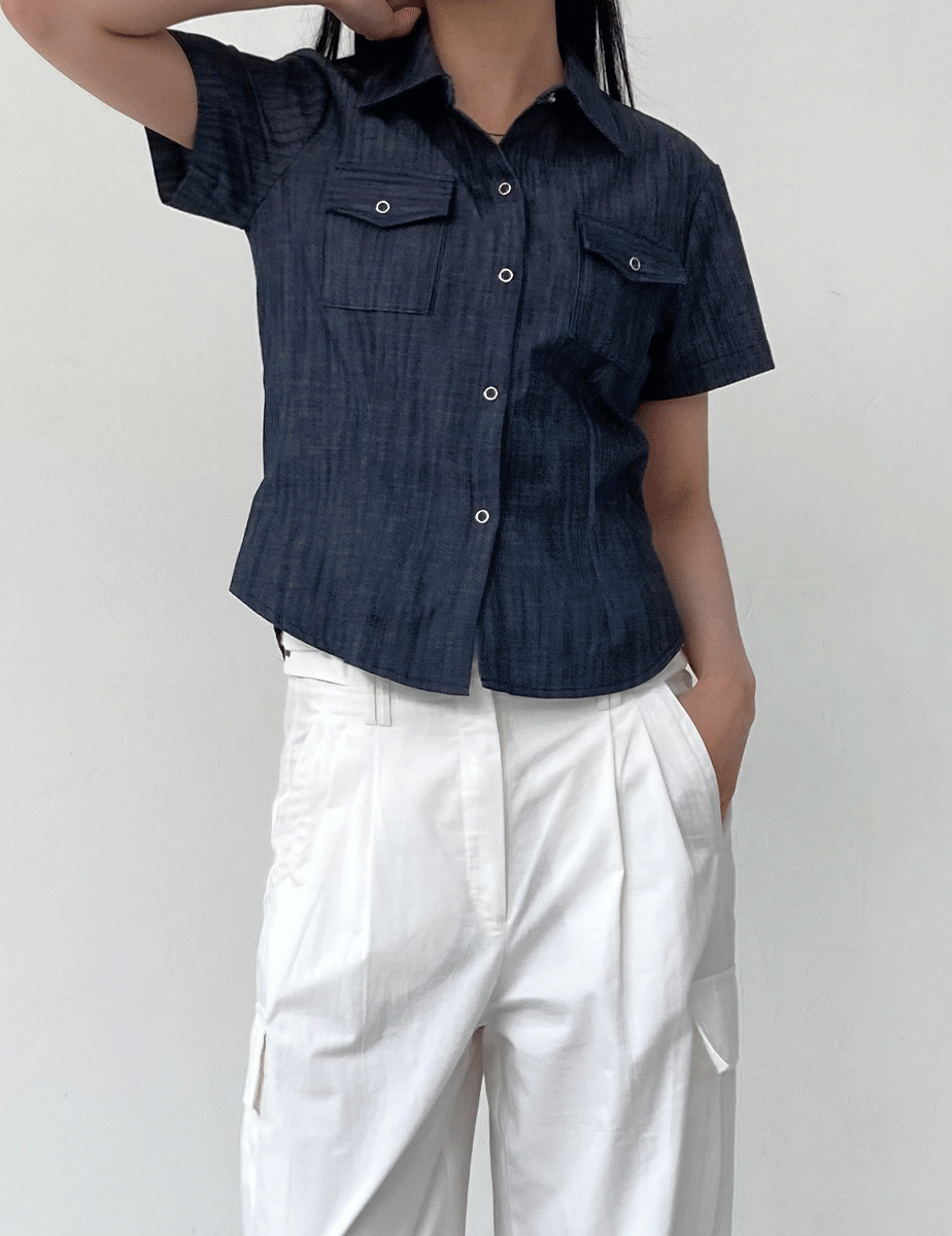[반팔] indigo denim slim shirt (2color)